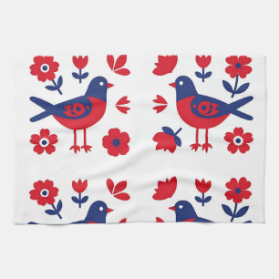 Folk Art Red Blue Bird Floral Pattern Kitchen Towel
