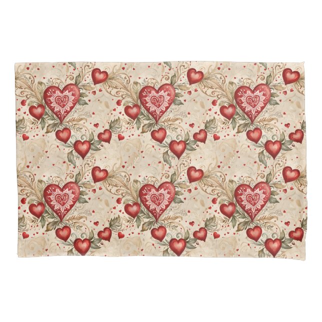 Folk Art Red Hearts Pillow Case (Front)
