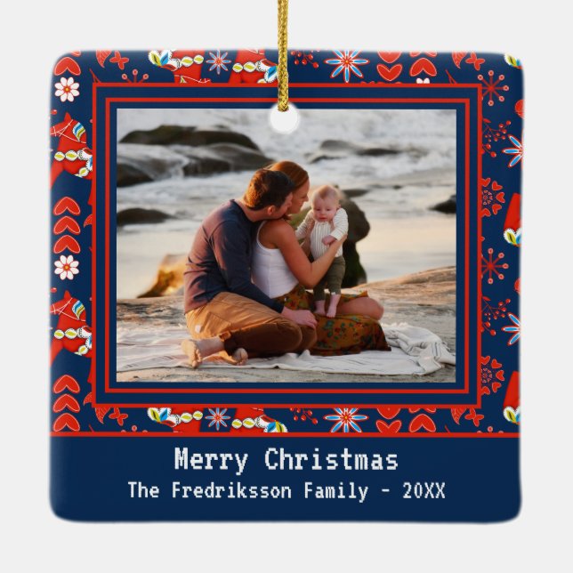 Folk Art Red Swedish Dala Horse and Pattern Photo Ceramic Ornament (Back)