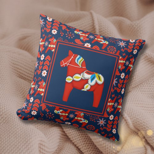 Folk Art Red Swedish Dala Horse and Pattern Throw Pillow