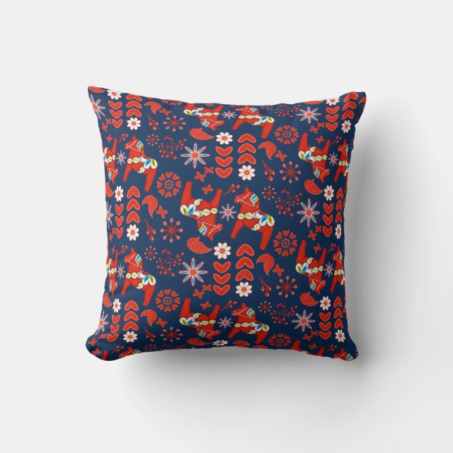 Folk Art Red Swedish Dala Horse Floral On Blue Throw Pillow (Front)