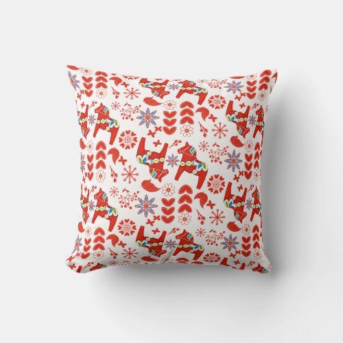 Folk Art Red Swedish Dala Horse Floral Pattern Throw Pillow