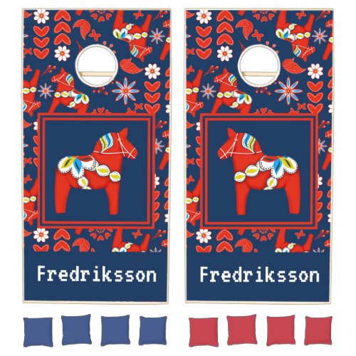 Folk Art Red Swedish Dala Horse Folk Art Pattern Cornhole Set