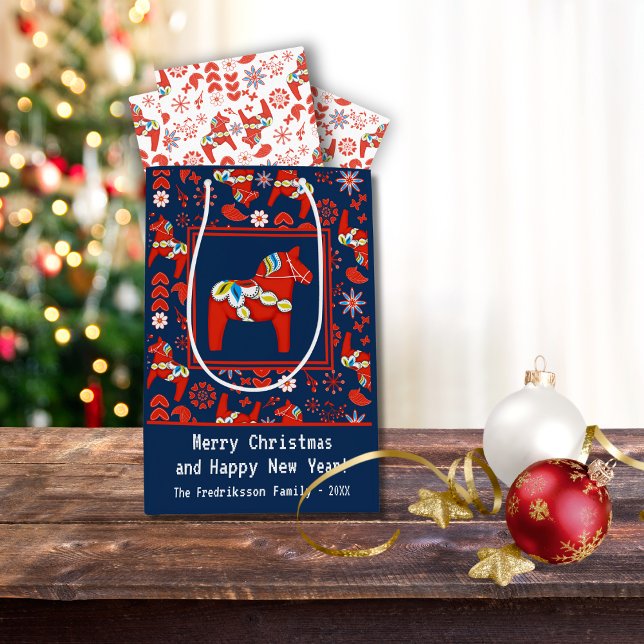 Folk Art Red Swedish Dala Horse Folk Art Pattern  Medium Gift Bag (Creator Uploaded)