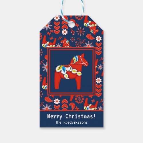 Folk Art Red Swedish Dala Horse Merry Christmas Gift Tags