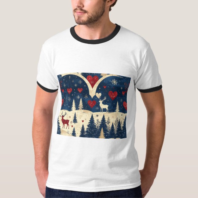 Folk-Art Reindeer Pattern T-shirt (Front)