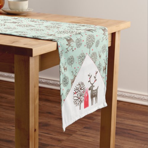 Folk Art Reindeer Trees Cute Pattern Vintage Green Short Table Runner