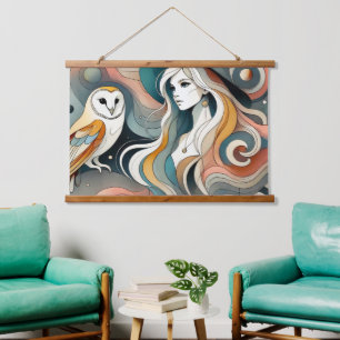 Folk Art Retro Owl and Boho Witch Hanging Tapestry