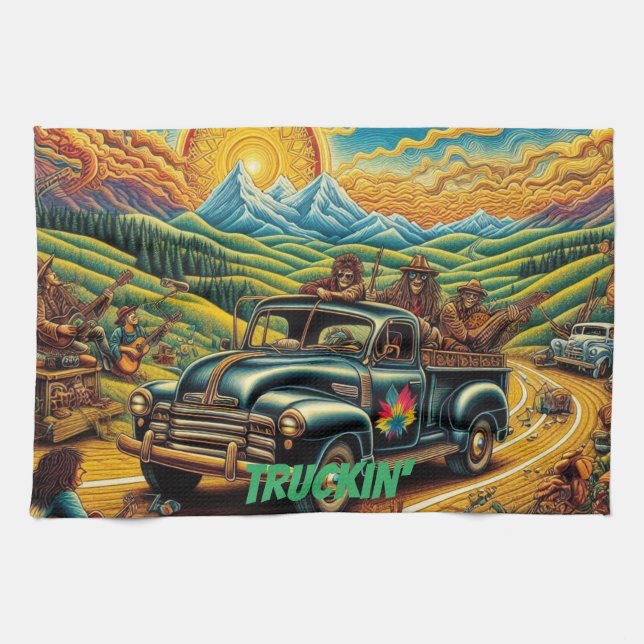 Folk Art Road Trip Kitchen Towel (Horizontal)