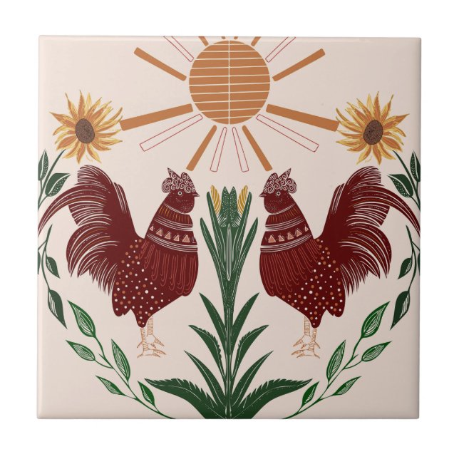 Folk Art Rooster Sunshine Symmetrical Design Ceramic Tile (Front)
