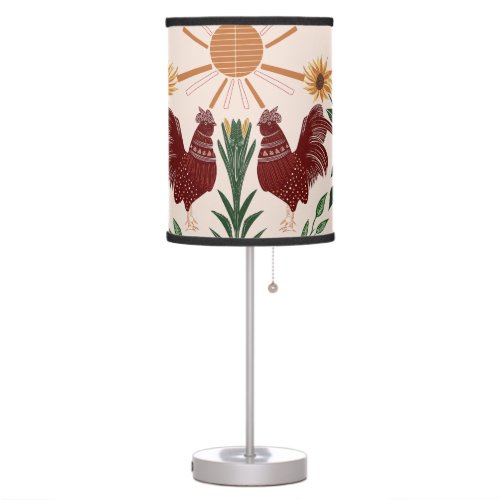 Folk Art Rooster Sunshine Symmetrical Design Table Lamp