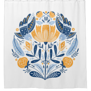 Folk art round ornament with birds,roses,and flowe shower curtain