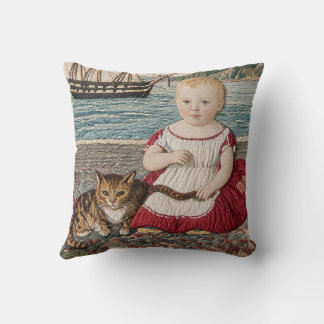 Folk Art Sampler Scene Child With Cat Throw Pillow