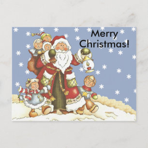 Folk Art Santa Kids Christmas Snowflakes Holiday Postcard