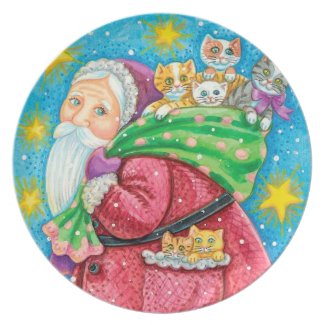 Folk Art Santa & Kittens Christmas plate