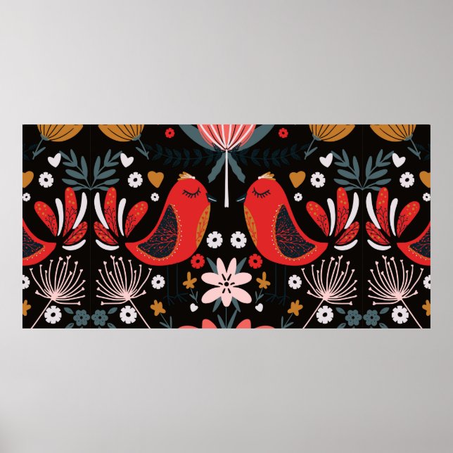 folk art scandinavian colourful pattern with flora poster (Front)
