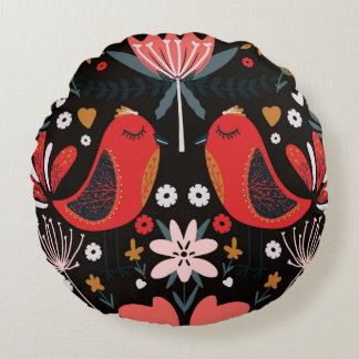folk art scandinavian colourful pattern with flora round pillow