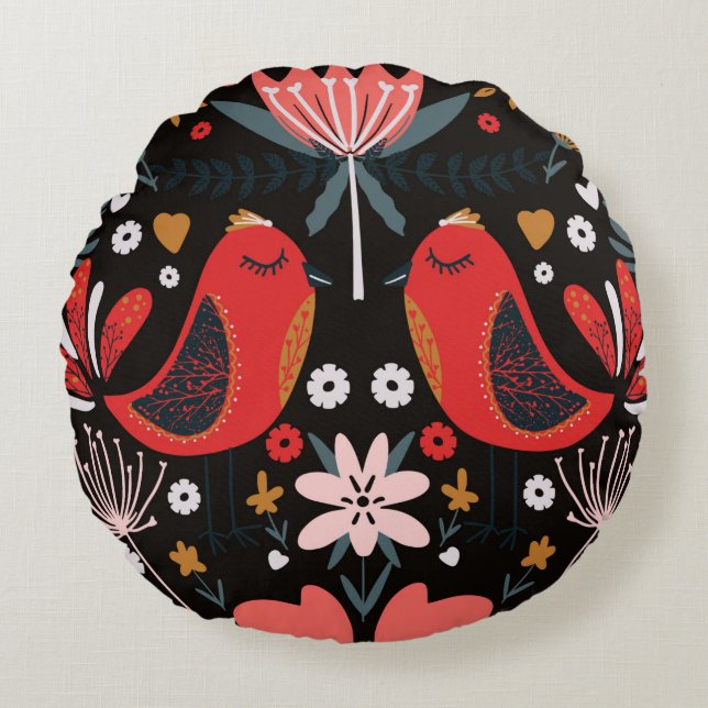 folk art scandinavian colourful pattern with flora round pillow (Front)
