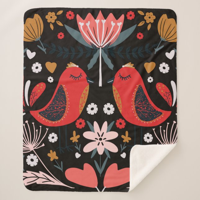 folk art scandinavian colourful pattern with flora sherpa blanket (Front)