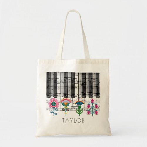 folk art scandinavian flowers music name tote bag