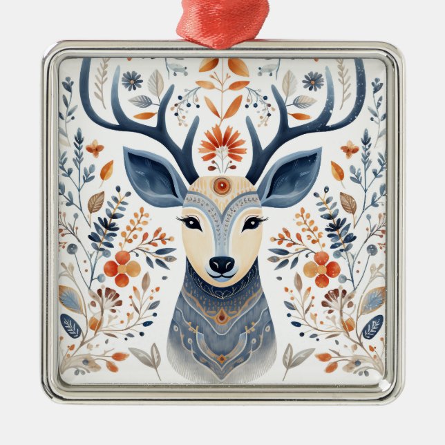 Folk Art Scandiniavian Reindeer Christmas Metal Ornament (Front)