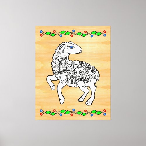 Folk Art Sheep White Lamb Green Leaves Faux Wood Canvas Print