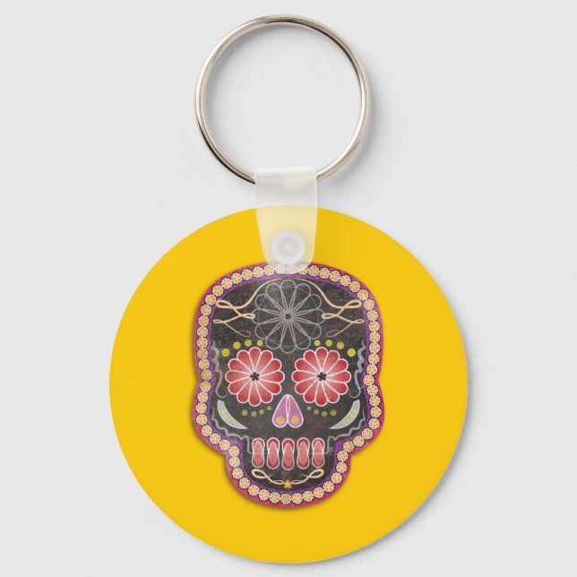 Folk Art Skull - day of the dead Keychain (Front)