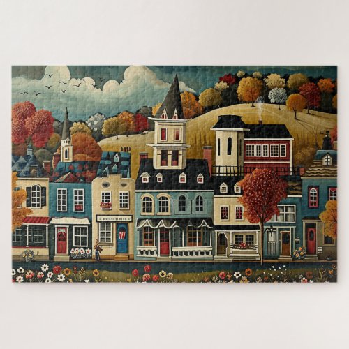 Folk Art Small Town Street in Autumn Jigsaw Puzzle