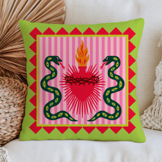 Folk Art Snakes Heart in Flames Bold Maximalist Throw Pillow