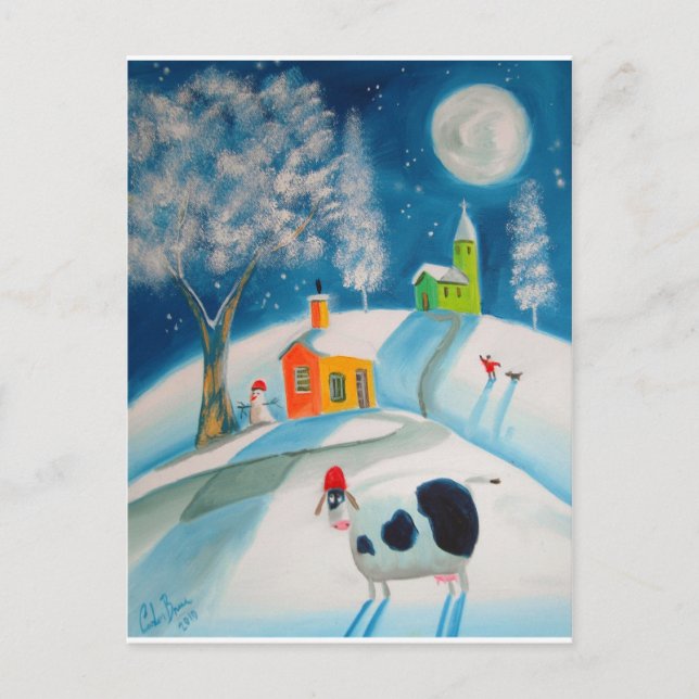 FOLK ART SNOW SCENE COW MOON POSTCARD (Front)
