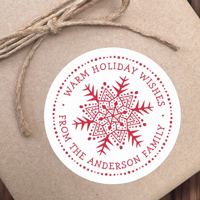 Folk art snowflake warm winter wishes white red classic round sticker (Folk art snowflake warm winter wishes white red classic round sticker)