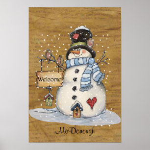 Folk Art Snowman on Old Newspaper Poster