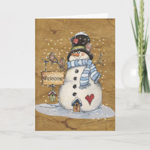 Folk Art Snowman on Parchment Greeting Card