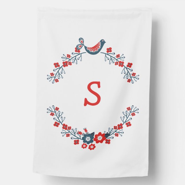 Folk Art Spring Bird Monogram House Flag (Front)