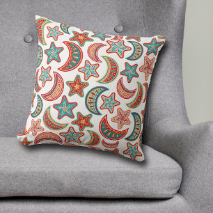 Folk Art Stars and Moon Pattern Throw Pillow