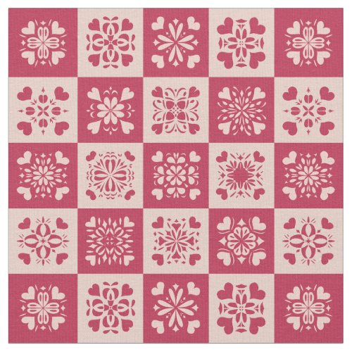 Folk Art Stenciled Heart Pattern Red and Pink Fabric