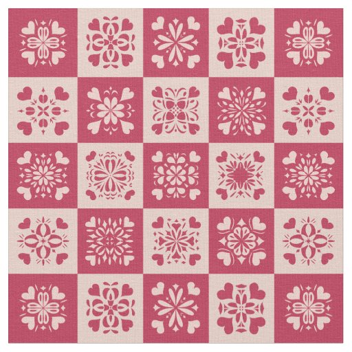 Folk Art Stenciled Heart Pattern Red and Pink Fabric
