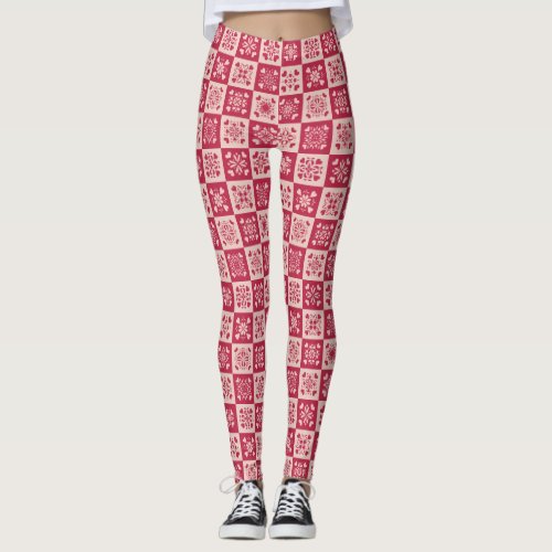 Folk Art Stenciled Heart Pattern Red and Pink Leggings