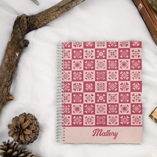 Folk Art Stenciled Heart Pattern Red and Pink Notebook