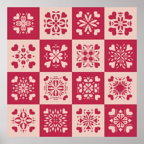 Folk Art Stenciled Heart Pattern Red and Pink Poster