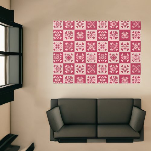 Folk Art Stenciled Heart Pattern Red and Pink Rug