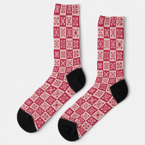 Folk Art Stenciled Heart Pattern Red and Pink Socks