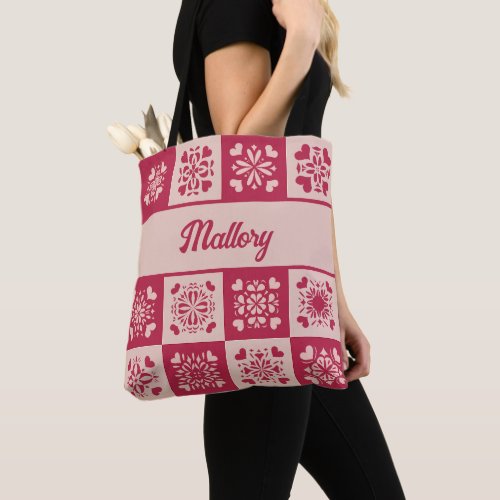 Folk Art Stenciled Heart Pattern Red and Pink Tote Bag