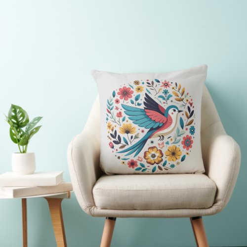 Folk art style bird throw pillow