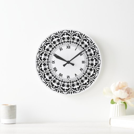 Folk Art Style Black and White Country Kitchen Large Clock | Zazzle
