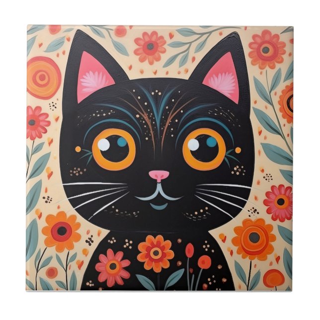 Folk Art Style Black Cat Ceramic Tile (Front)