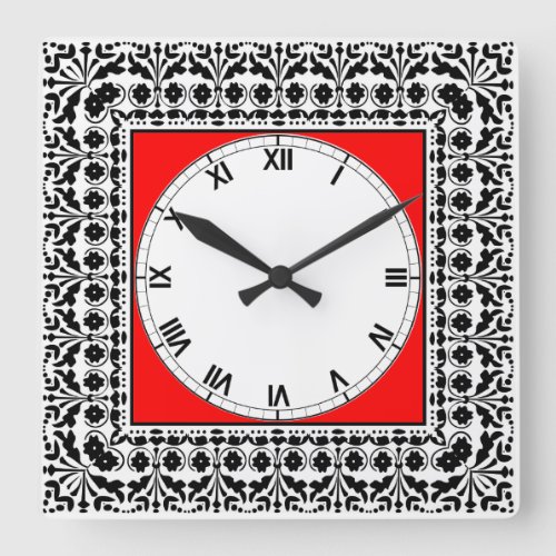 Folk Art Style Black Red and White Country Kitchen Square Wall Clock