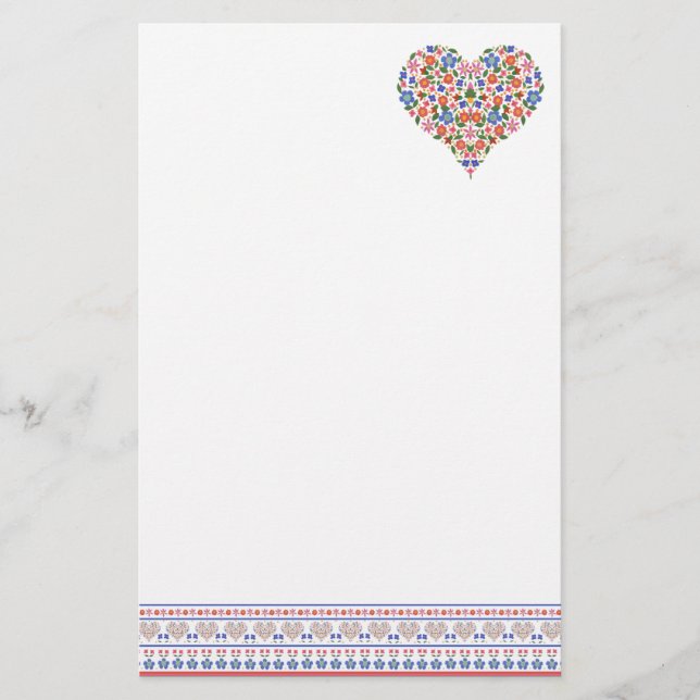 Folk Art Style Border and Heart Stationery (Front)
