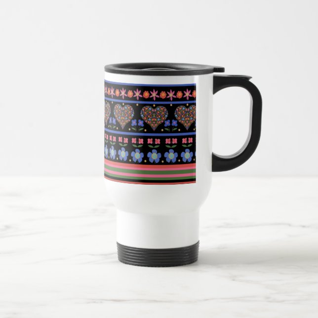 Folk Art Style Border, Black Non-spill Travel Mug (Right)