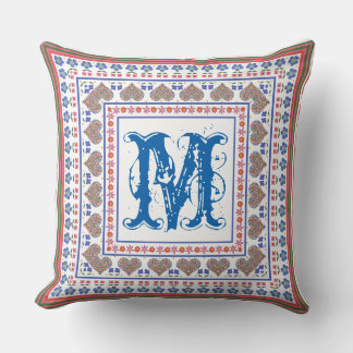 Folk Art Style Border Monogram Pillow or Cushion